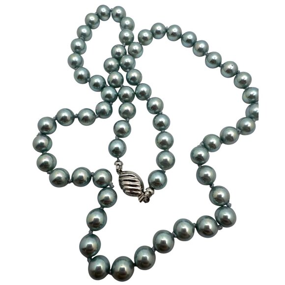 Vintage Inspired Blue Pearl Necklace Simulated Silver-Tone Clasp 6.3mm Beads - Picture 2 of 7